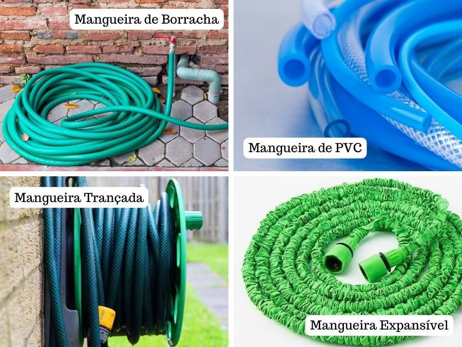 Different types of garden hoses: braided, rubber, PVC, and expandable