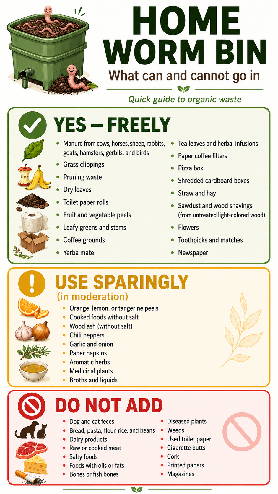 Save and print the list of what can and cannot go into your wormery.